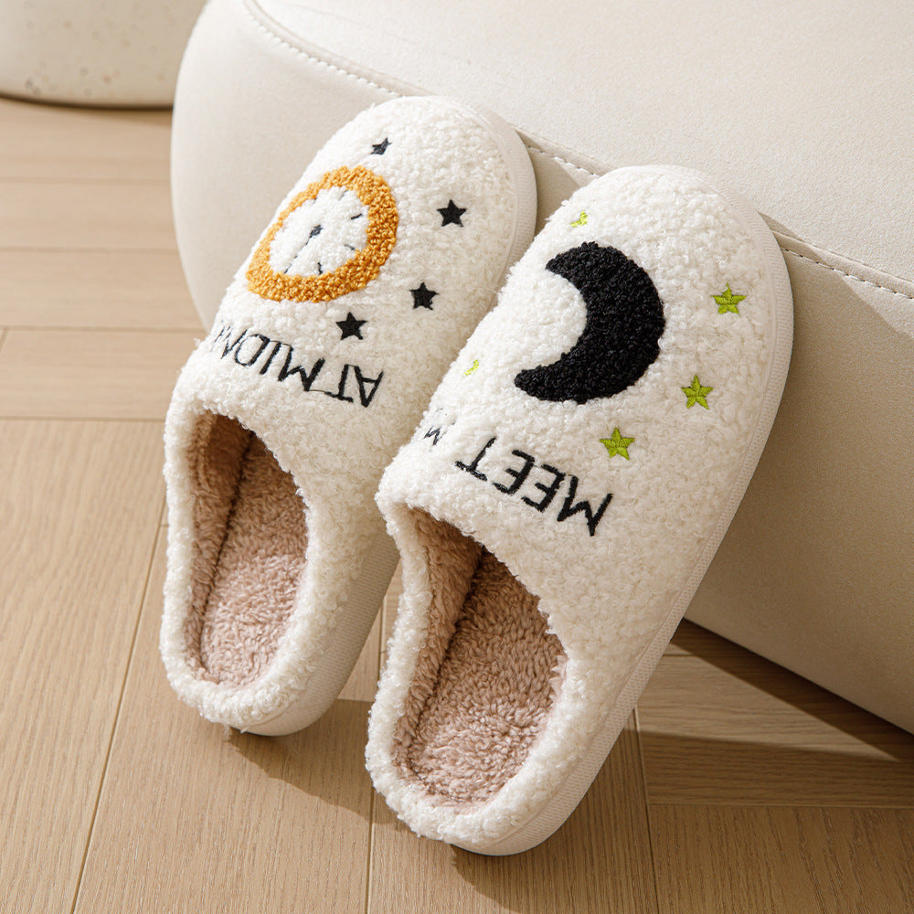 Fashion Moon And Clock Print Home Slippers Winter Warm Floor Bedroom House Shoes For Women