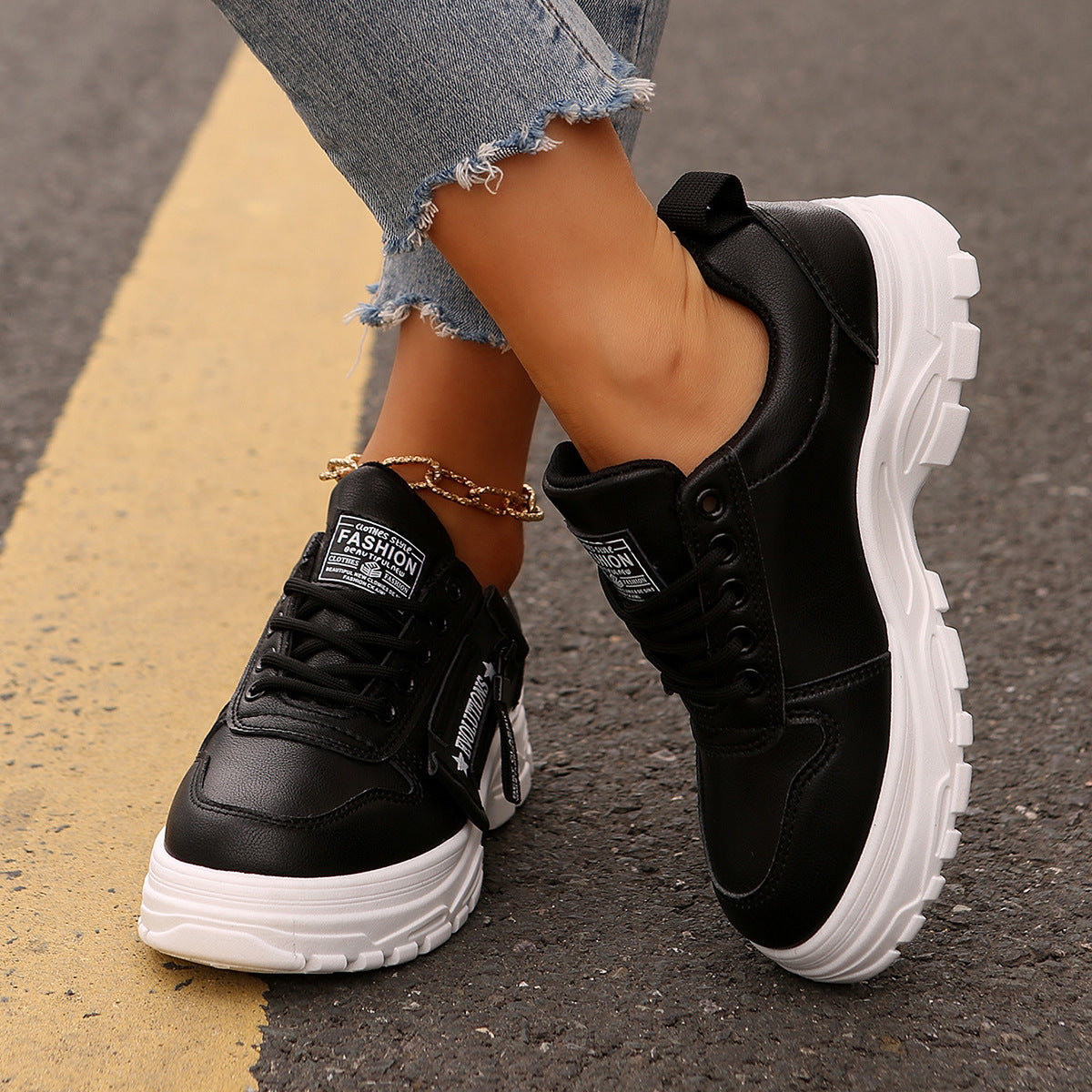 Lace-up Sports Shoes With Side-Zipper Design Fashion Thick-soled Round-toe Casual Shoes For Women Sneakers