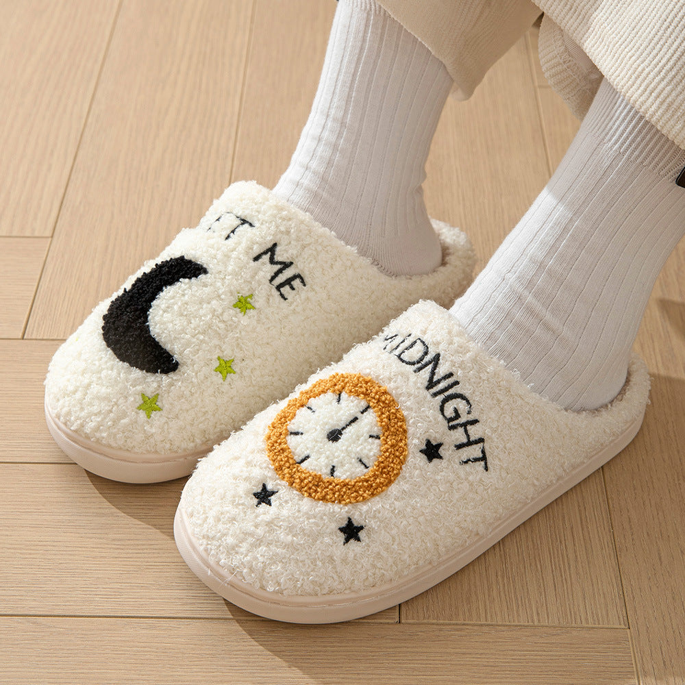 Fashion Moon And Clock Print Home Slippers Winter Warm Floor Bedroom House Shoes For Women