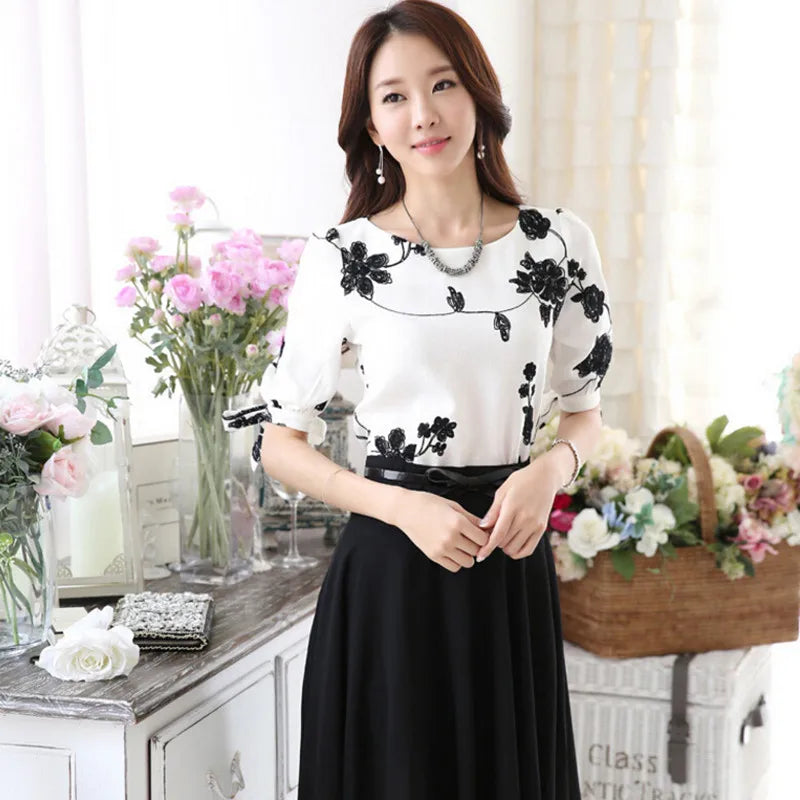 "Woke Ayer Women's Floral Chiffon Blouse – Casual Summer O-Neck Half Sleeve Top"