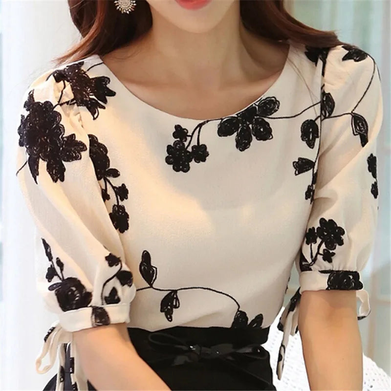 "Woke Ayer Women's Floral Chiffon Blouse – Casual Summer O-Neck Half Sleeve Top"