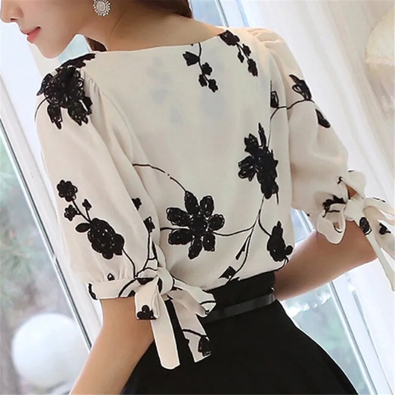 "Woke Ayer Women's Floral Chiffon Blouse – Casual Summer O-Neck Half Sleeve Top"