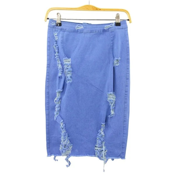 Women's High-Waisted Distressed Denim Pencil Skirt.