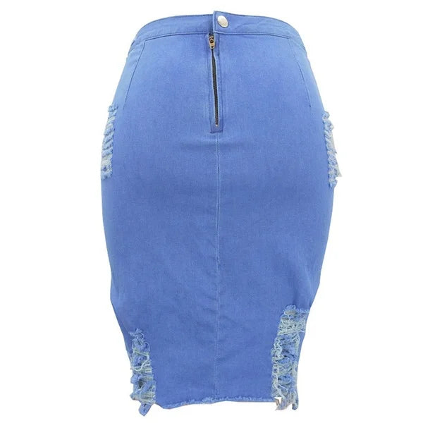 Women's High-Waisted Distressed Denim Pencil Skirt.