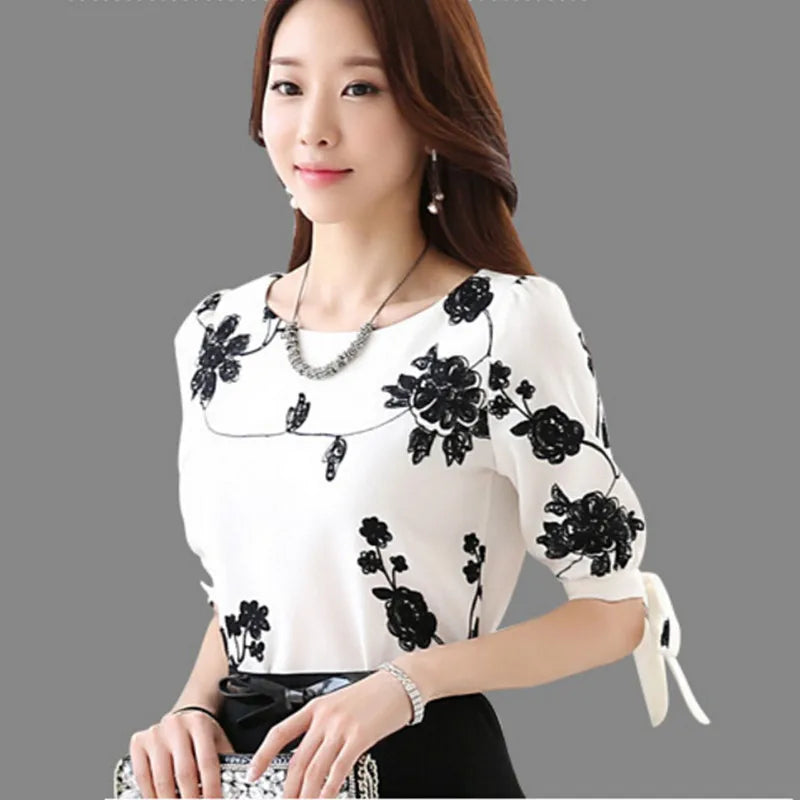 "Woke Ayer Women's Floral Chiffon Blouse – Casual Summer O-Neck Half Sleeve Top"