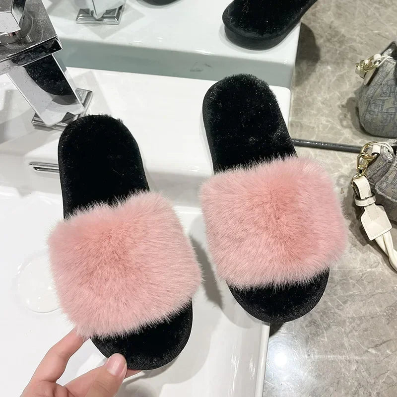 Women's Fluffy Fur Slippers – 2025 Fashion, Chain Design, Open-Toe Winter Indoor Flats, Non-Slip Cozy Home Shoes