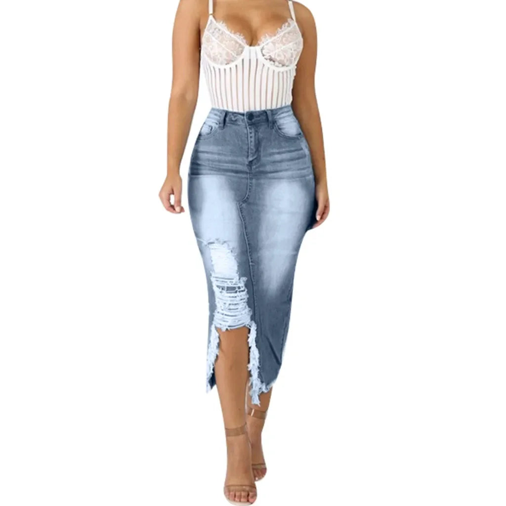 Introducing our Women's High-Waist Ripped Denim Pencil Skirt