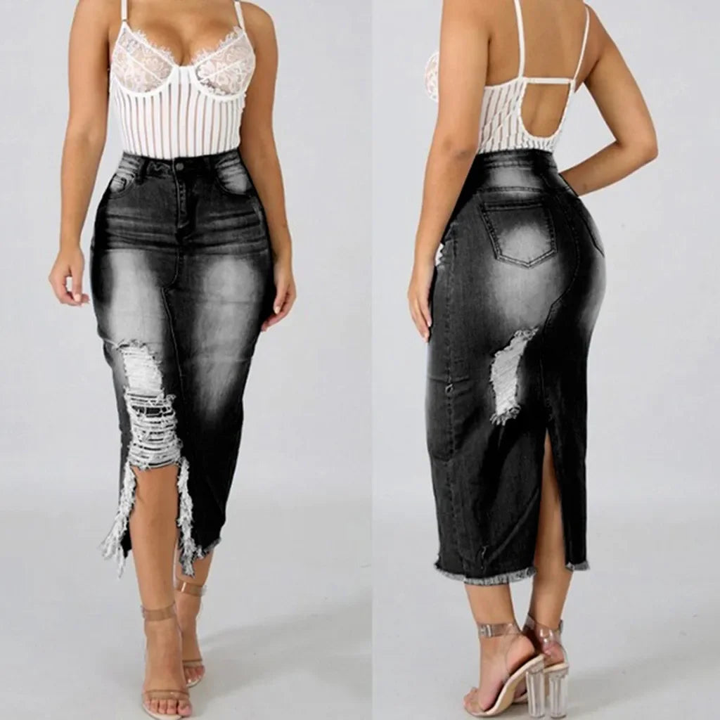 Introducing our Women's High-Waist Ripped Denim Pencil Skirt