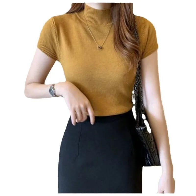 Women's Clothing Women Blouse Shirts Blouses Half high collar sleeve knitted autumn winter sweater slim fit slimming short vest