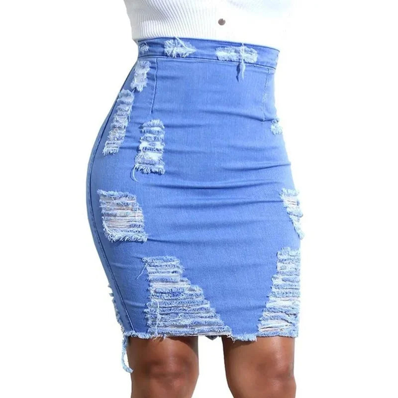 Women's High-Waisted Distressed Denim Pencil Skirt.