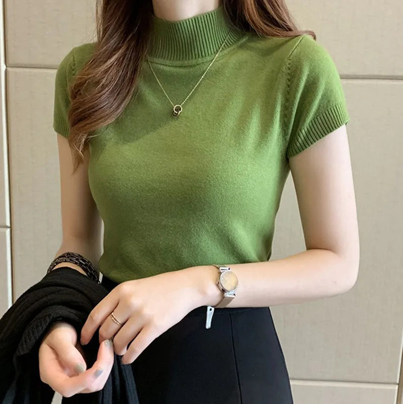 Women's Clothing Women Blouse Shirts Blouses Half high collar sleeve knitted autumn winter sweater slim fit slimming short vest