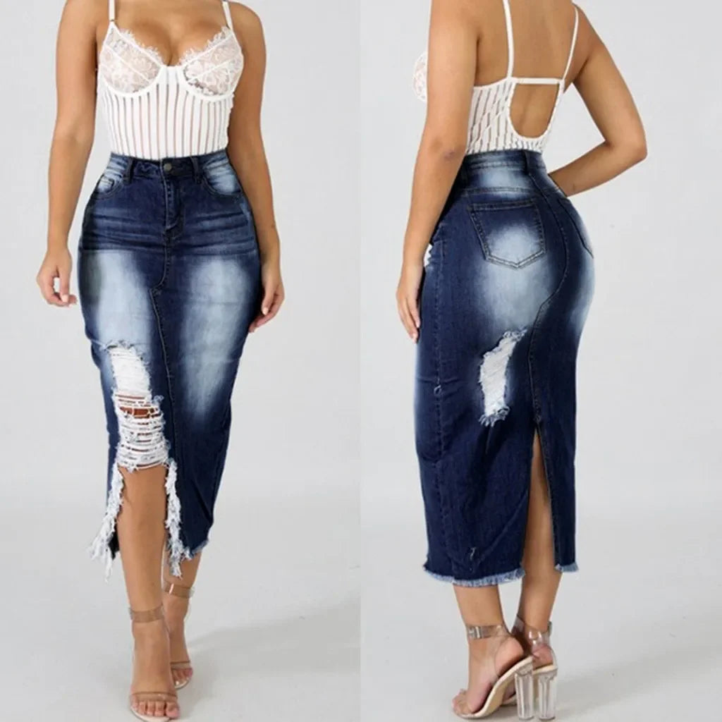 Introducing our Women's High-Waist Ripped Denim Pencil Skirt