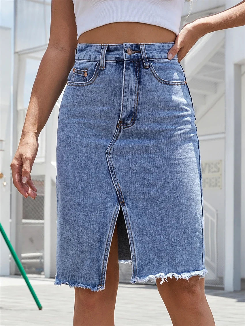 Women's High-Waisted Front Slit Denim Midi Skirt.