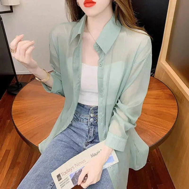 2024 Women's Clothing Women Shirt Summer New Chiffon Shirt Temperament Sunscreen Clothes Loose cardigan Thin Coat Blouses Shirts