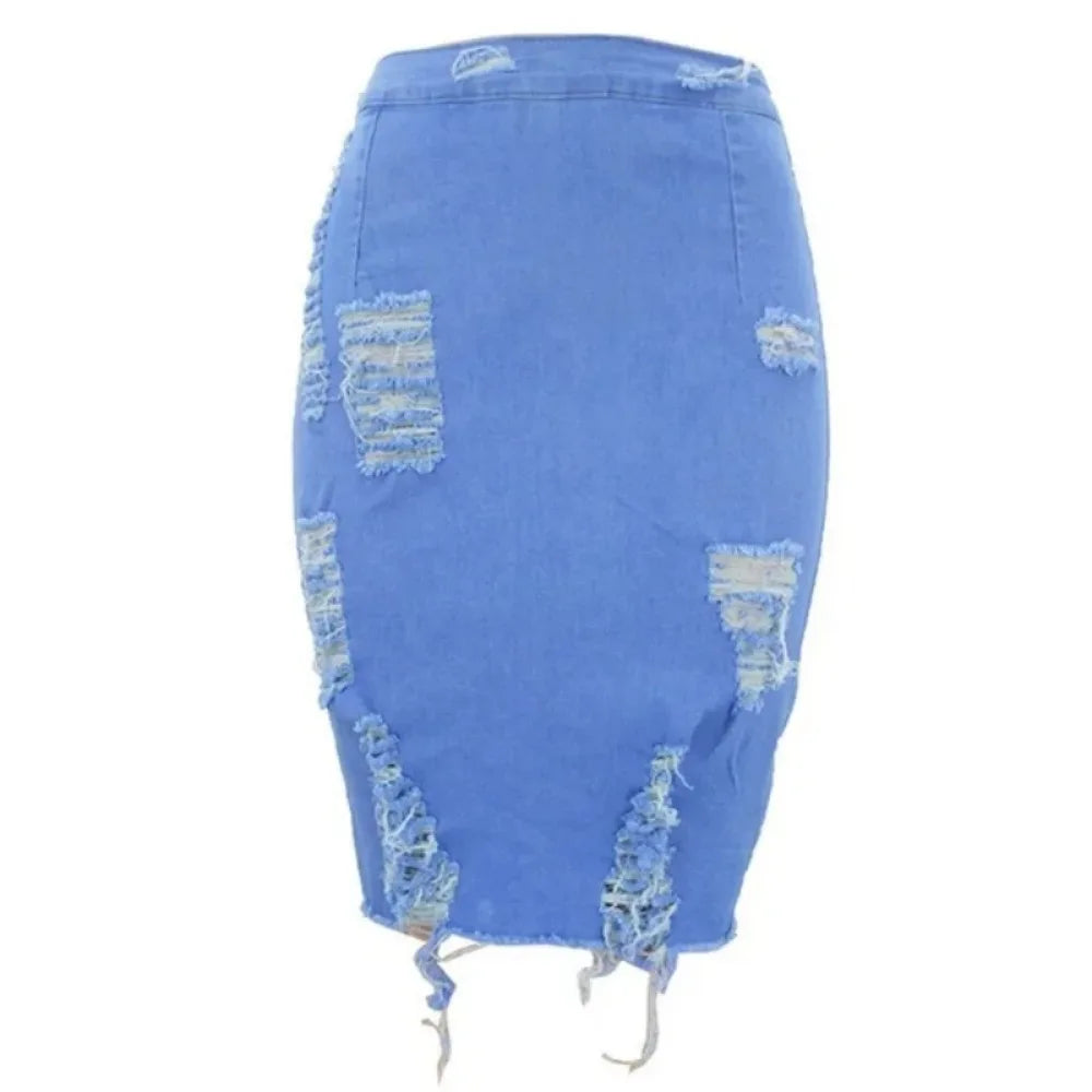 Women's High-Waisted Distressed Denim Pencil Skirt.