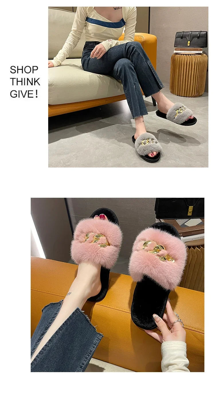 Women's Fluffy Fur Slippers – 2025 Fashion, Chain Design, Open-Toe Winter Indoor Flats, Non-Slip Cozy Home Shoes