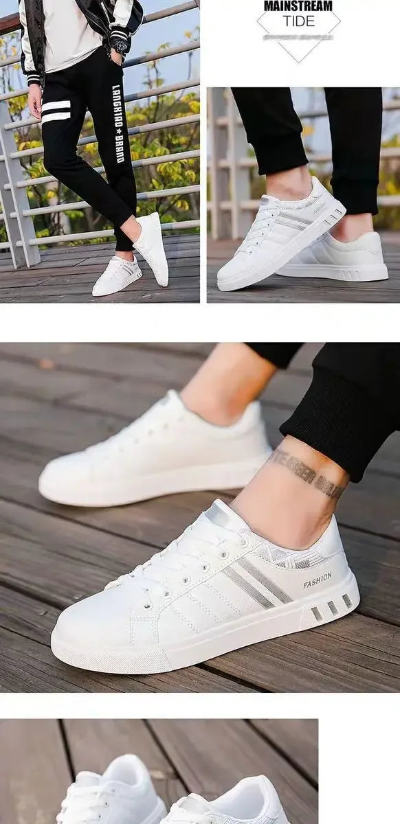 Men's Casual Sneakers – Lightweight PU Leather Breathable Flats, White Sports Shoes, Zapatillas Hombre