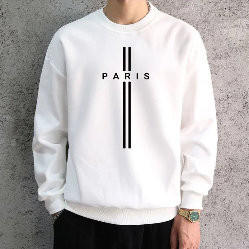 Men's Dark Grey Graphic Sweatshirt – PARIS Print, Long Sleeve Cotton Hip-Hop Tee, Casual Sportswear