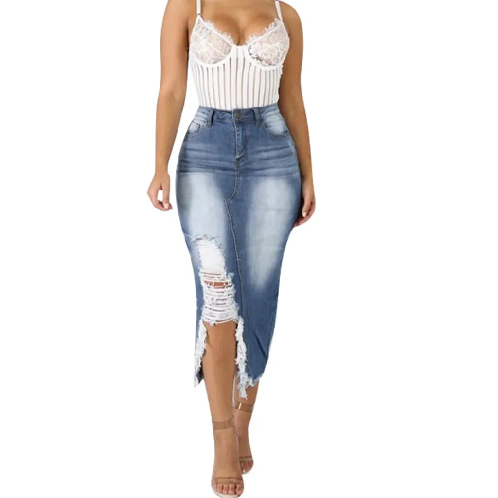 Introducing our Women's High-Waist Ripped Denim Pencil Skirt