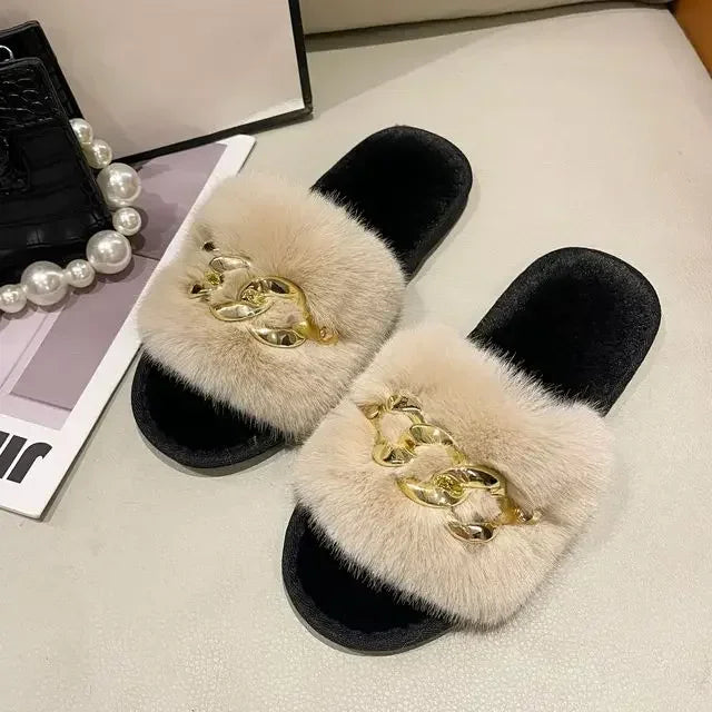 Women's Fluffy Fur Slippers – 2025 Fashion, Chain Design, Open-Toe Winter Indoor Flats, Non-Slip Cozy Home Shoes