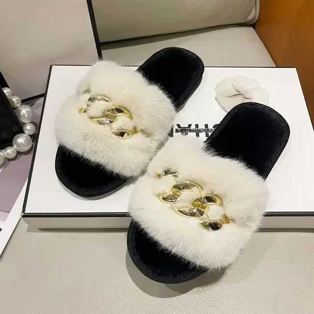 Women's Fluffy Fur Slippers – 2025 Fashion, Chain Design, Open-Toe Winter Indoor Flats, Non-Slip Cozy Home Shoes