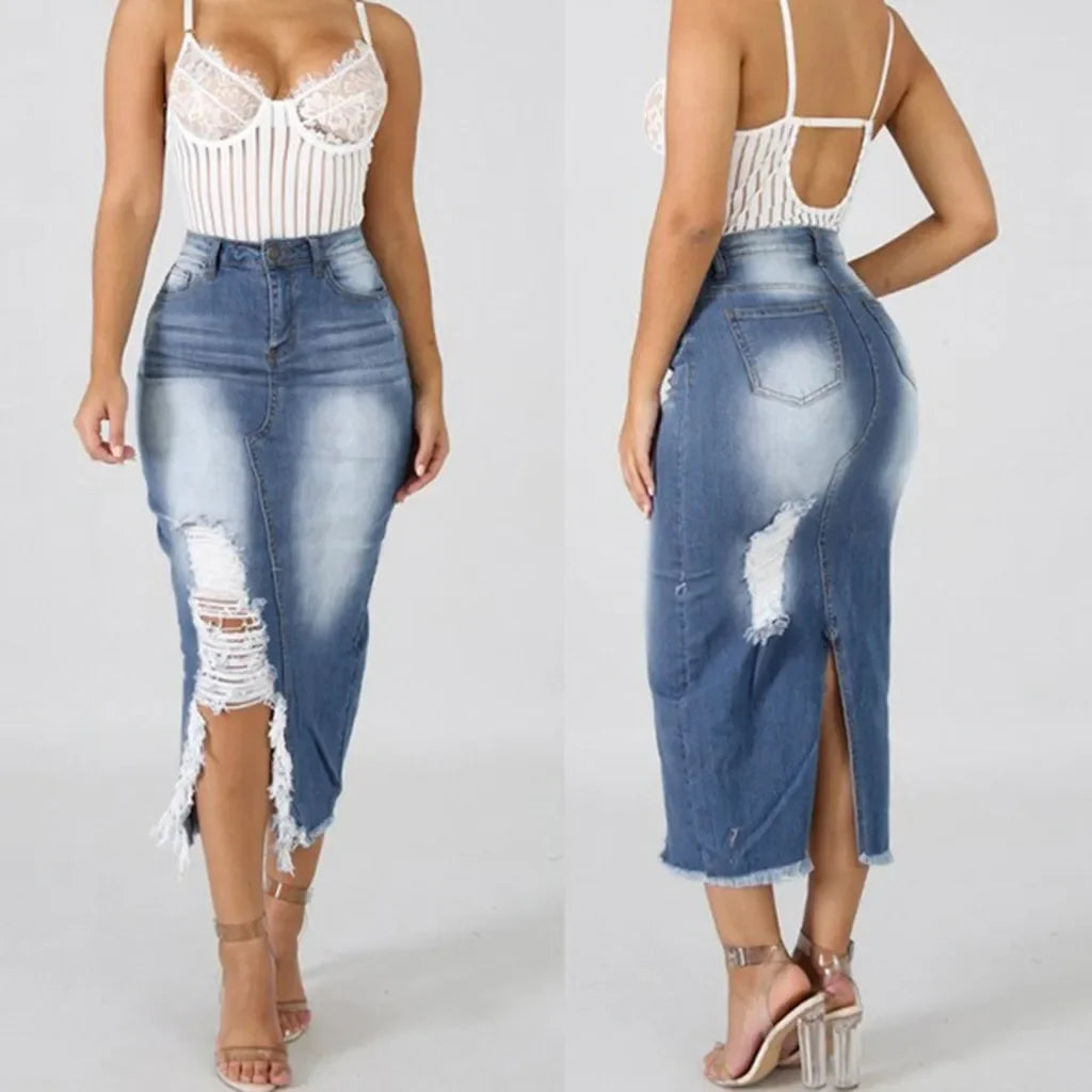 Introducing our Women's High-Waist Ripped Denim Pencil Skirt