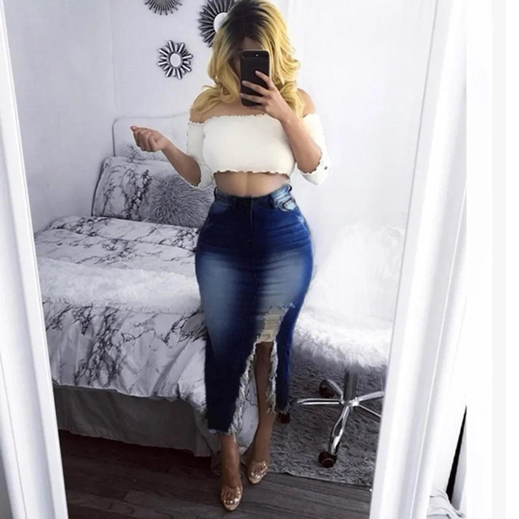 Introducing our Women's High-Waist Ripped Denim Pencil Skirt