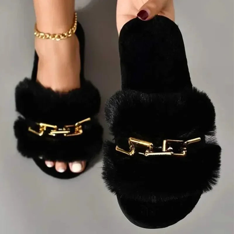 Women's Fluffy Fur Slippers – 2025 Fashion, Chain Design, Open-Toe Winter Indoor Flats, Non-Slip Cozy Home Shoes