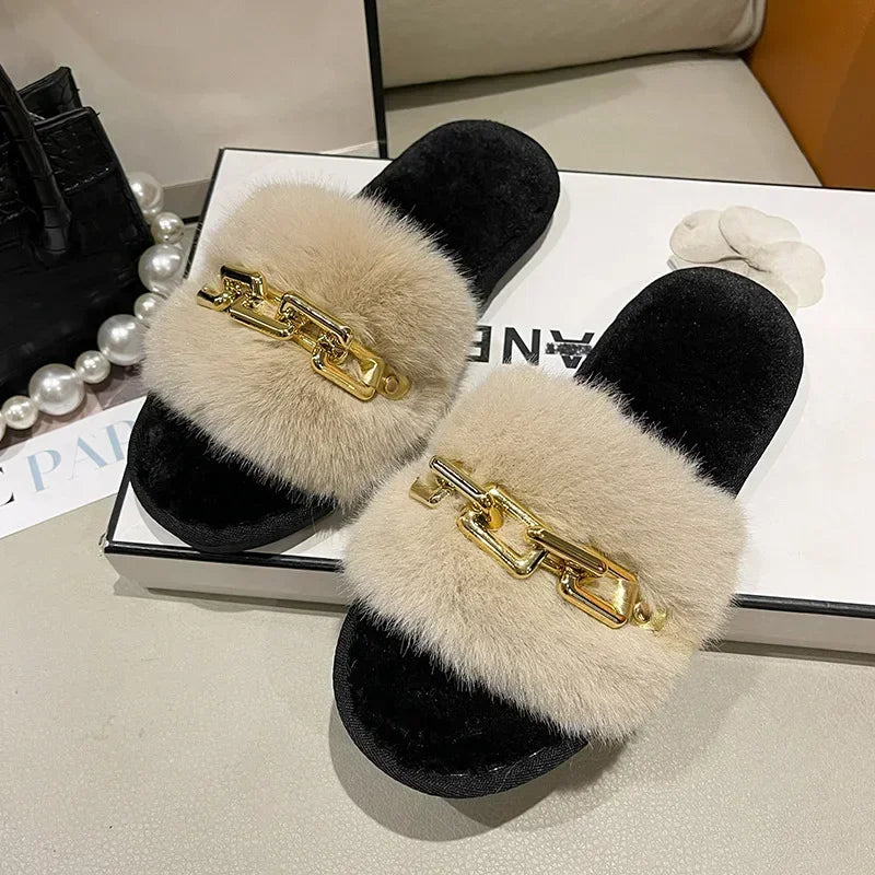 Women's Fluffy Fur Slippers – 2025 Fashion, Chain Design, Open-Toe Winter Indoor Flats, Non-Slip Cozy Home Shoes