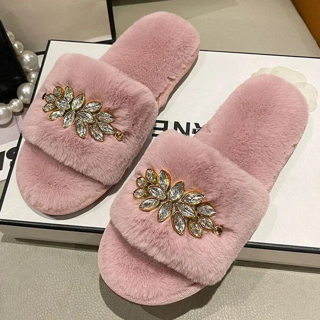 Women's Fluffy Fur Slippers – 2025 Fashion, Chain Design, Open-Toe Winter Indoor Flats, Non-Slip Cozy Home Shoes