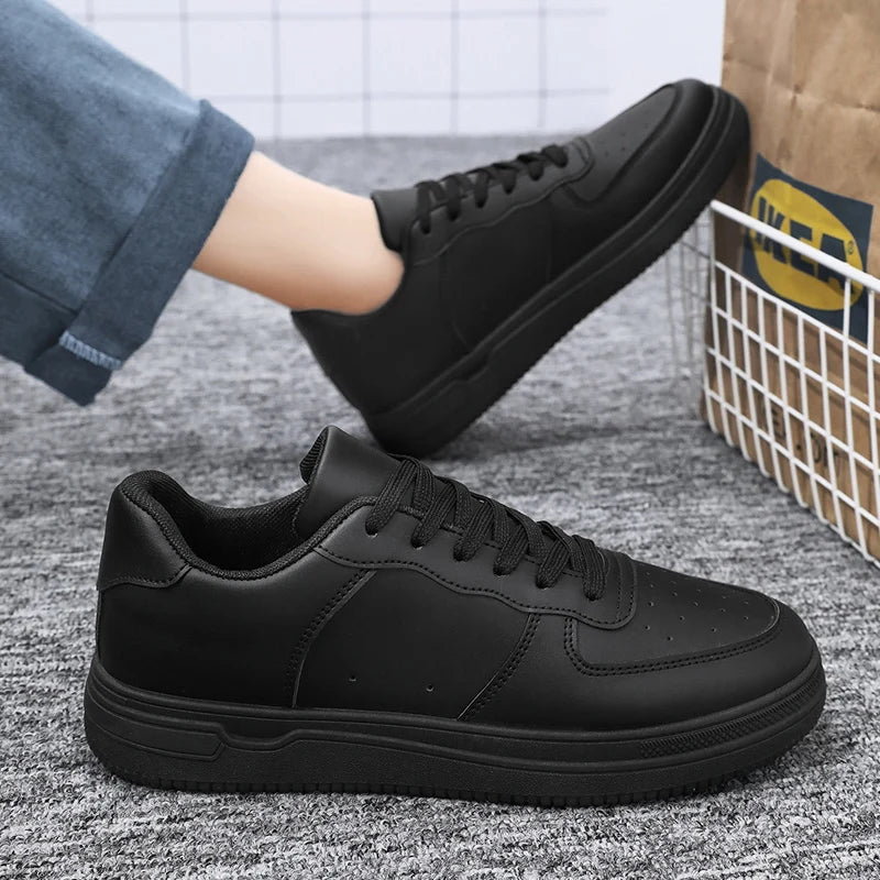 Men's Outdoor Leather Sneakers – Classic Black Lace-Up Sports Shoes, Skateboard, Walking, and Running Leisure Flats