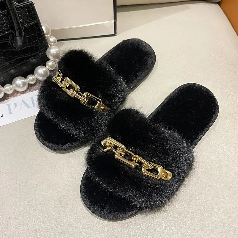 Women's Fluffy Fur Slippers – 2025 Fashion, Chain Design, Open-Toe Winter Indoor Flats, Non-Slip Cozy Home Shoes