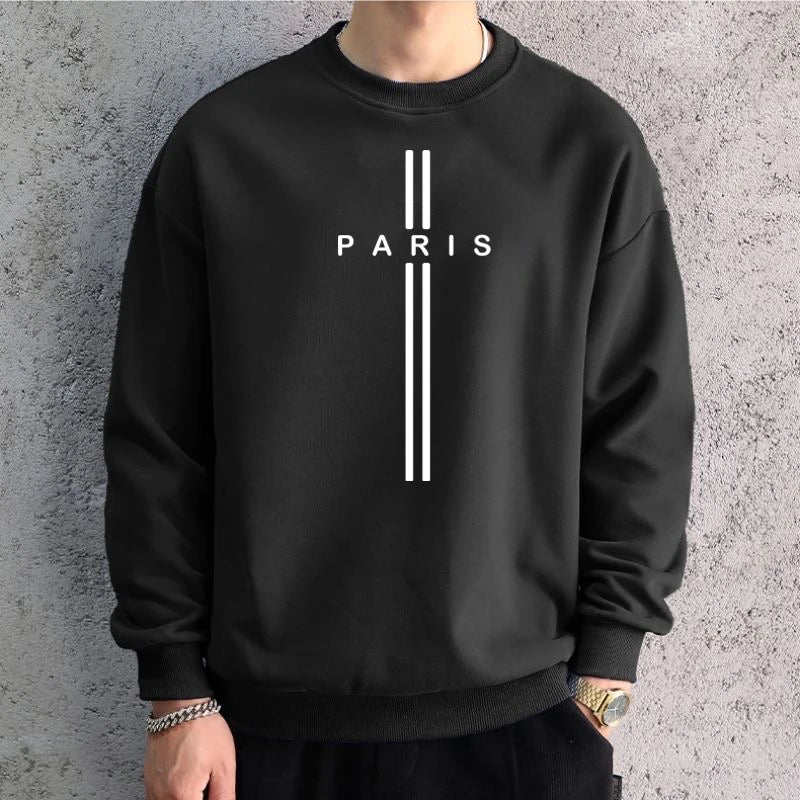 Men's Dark Grey Graphic Sweatshirt – PARIS Print, Long Sleeve Cotton Hip-Hop Tee, Casual Sportswear