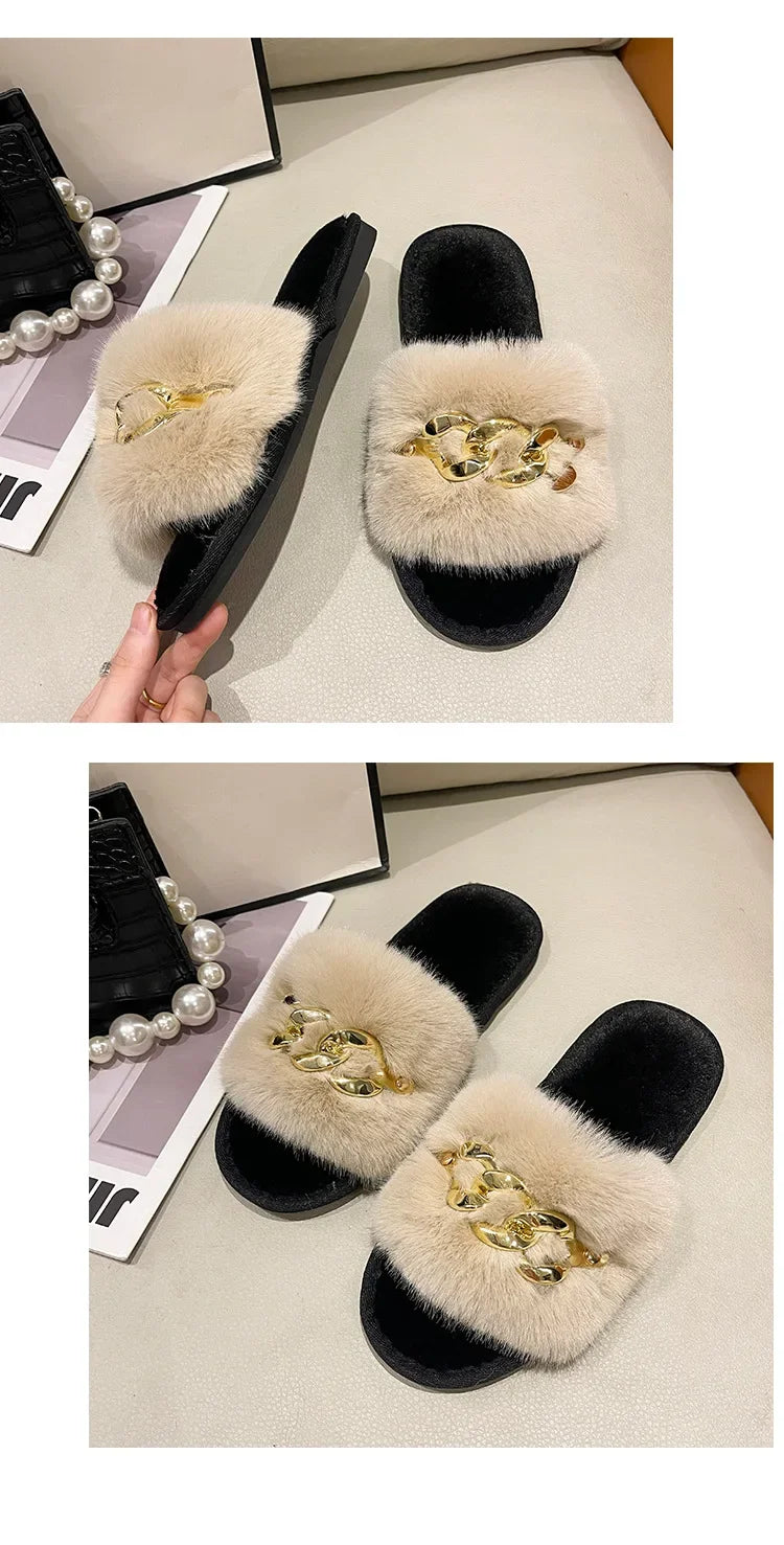 Women's Fluffy Fur Slippers – 2025 Fashion, Chain Design, Open-Toe Winter Indoor Flats, Non-Slip Cozy Home Shoes