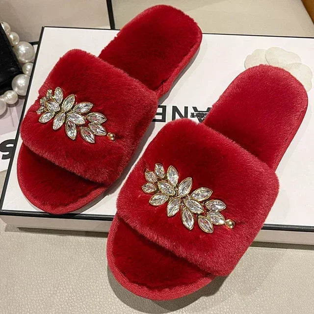 Women's Fluffy Fur Slippers – 2025 Fashion, Chain Design, Open-Toe Winter Indoor Flats, Non-Slip Cozy Home Shoes