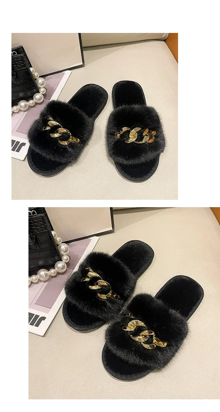 Women's Fluffy Fur Slippers – 2025 Fashion, Chain Design, Open-Toe Winter Indoor Flats, Non-Slip Cozy Home Shoes