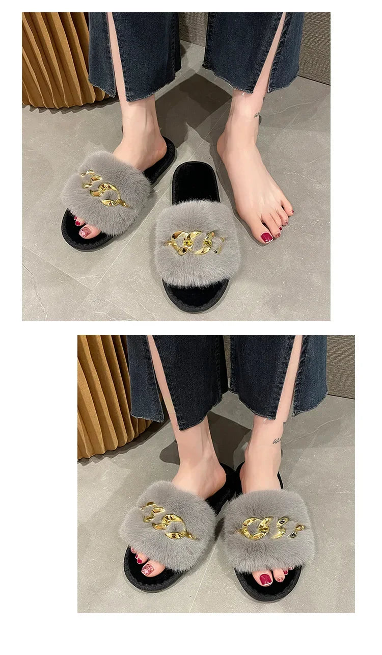 Women's Fluffy Fur Slippers – 2025 Fashion, Chain Design, Open-Toe Winter Indoor Flats, Non-Slip Cozy Home Shoes