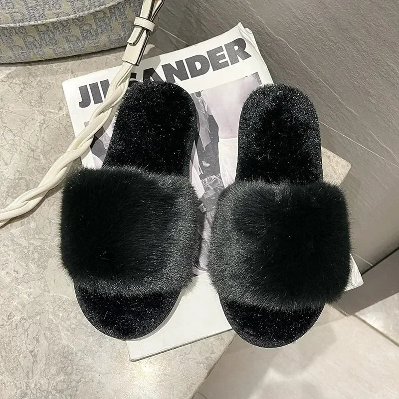 Women's Fluffy Fur Slippers – 2025 Fashion, Chain Design, Open-Toe Winter Indoor Flats, Non-Slip Cozy Home Shoes