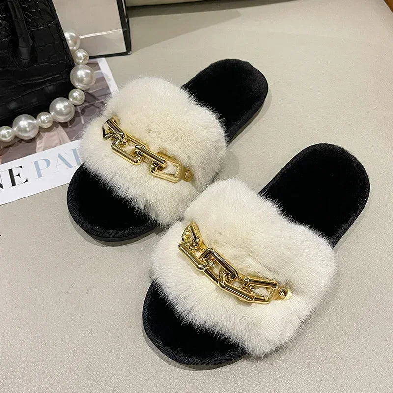 Women's Fluffy Fur Slippers – 2025 Fashion, Chain Design, Open-Toe Winter Indoor Flats, Non-Slip Cozy Home Shoes