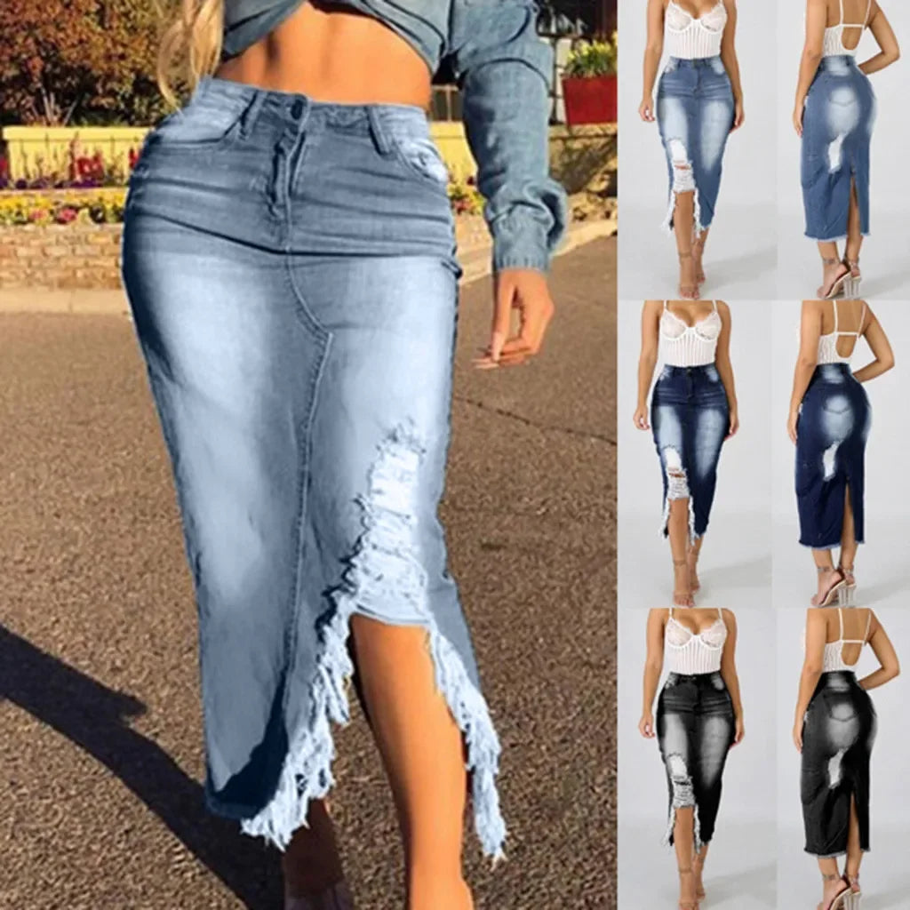 Introducing our Women's High-Waist Ripped Denim Pencil Skirt