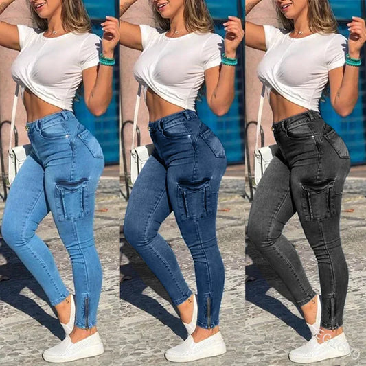 Women's High-Waisted Distressed Cargo Denim Pencil Pants