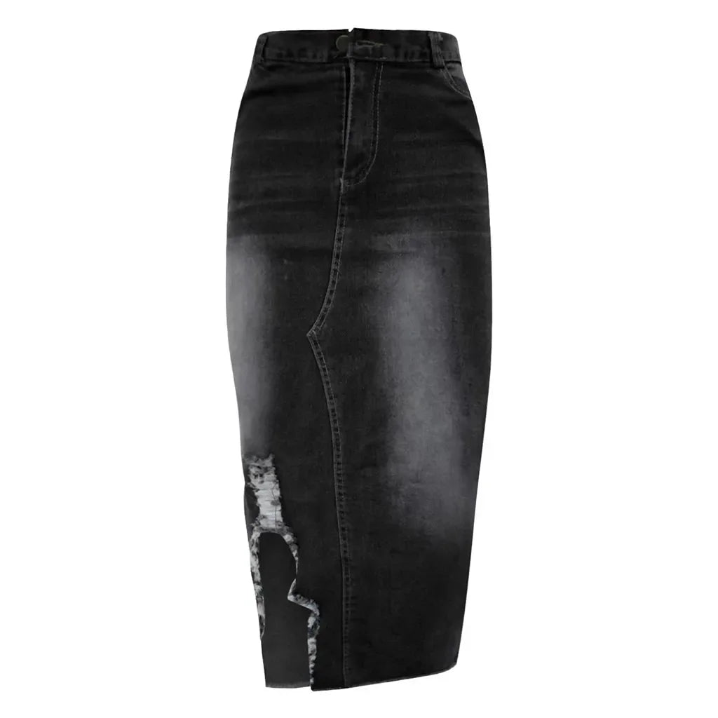 Introducing our Women's High-Waist Ripped Denim Pencil Skirt