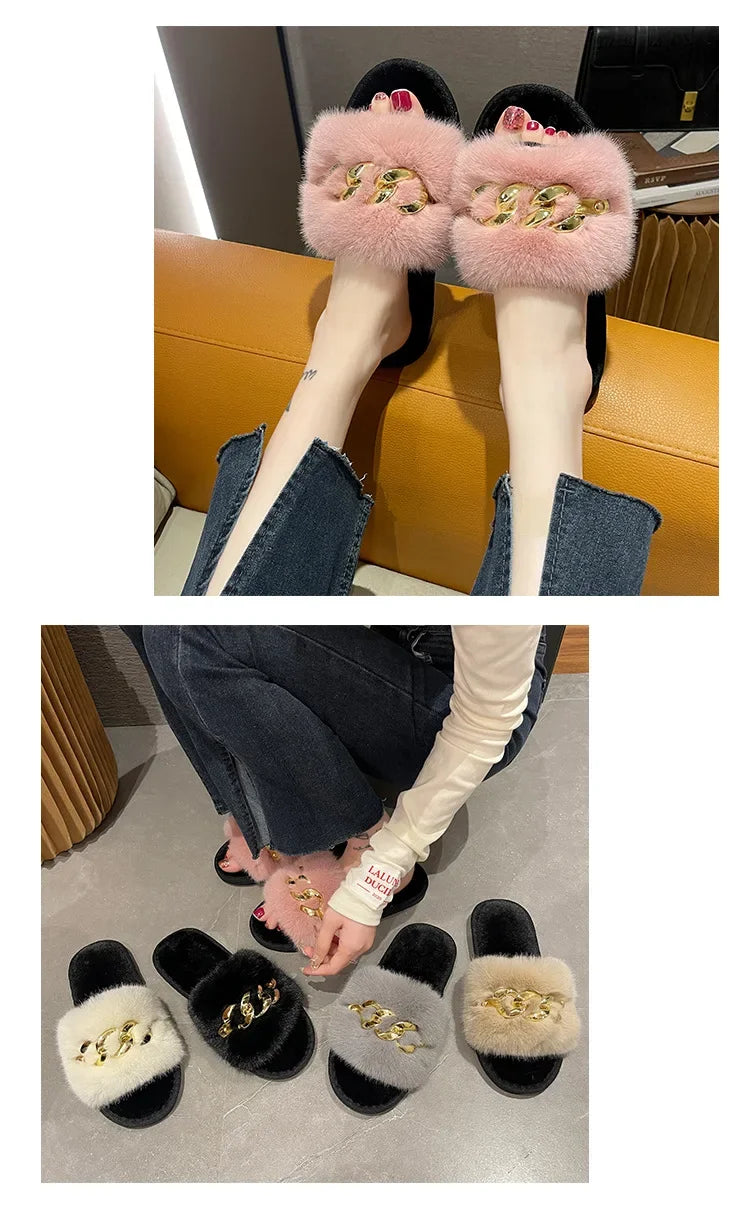 Women's Fluffy Fur Slippers – 2025 Fashion, Chain Design, Open-Toe Winter Indoor Flats, Non-Slip Cozy Home Shoes