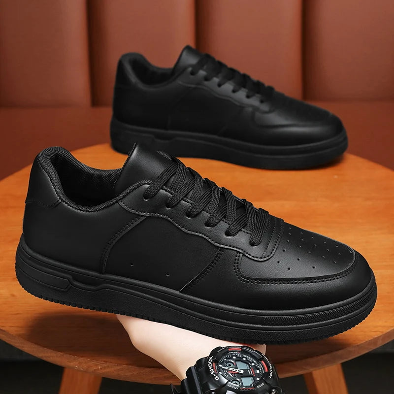 Men's Outdoor Leather Sneakers – Classic Black Lace-Up Sports Shoes, Skateboard, Walking, and Running Leisure Flats