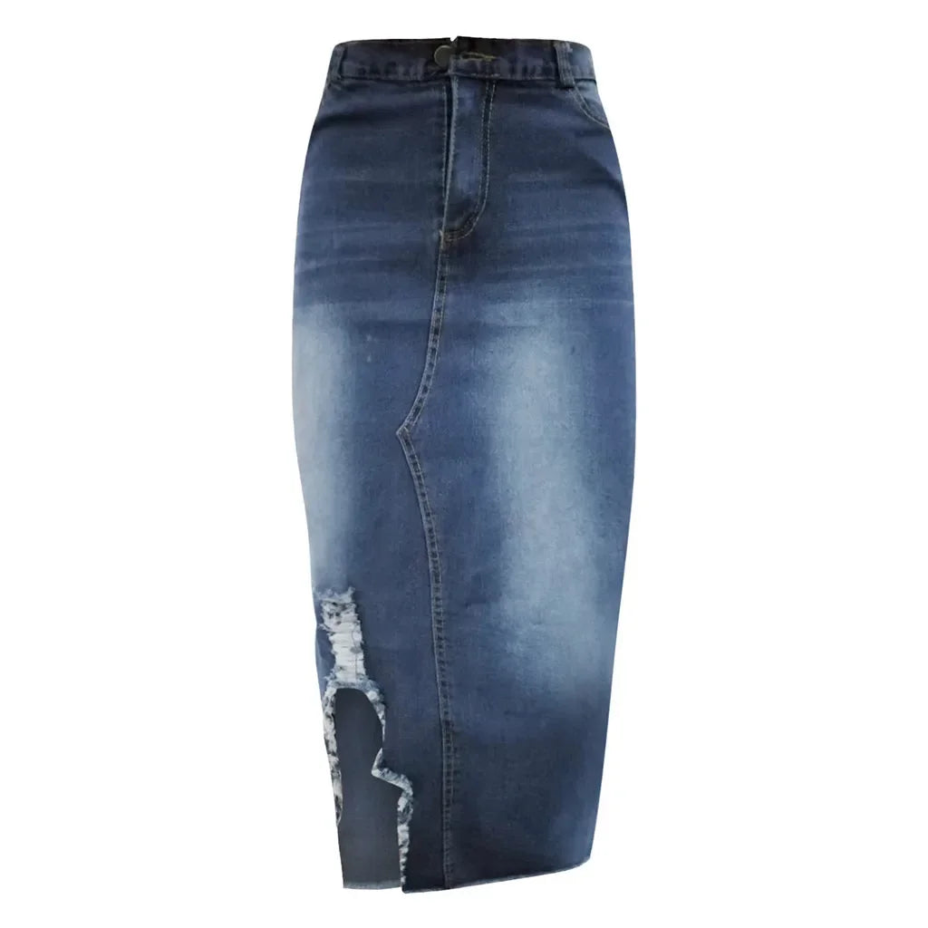 Introducing our Women's High-Waist Ripped Denim Pencil Skirt