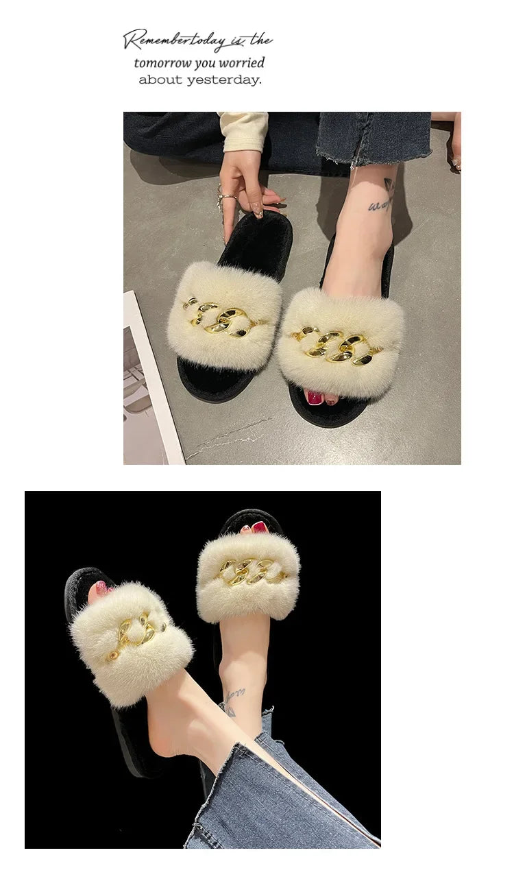 Women's Fluffy Fur Slippers – 2025 Fashion, Chain Design, Open-Toe Winter Indoor Flats, Non-Slip Cozy Home Shoes