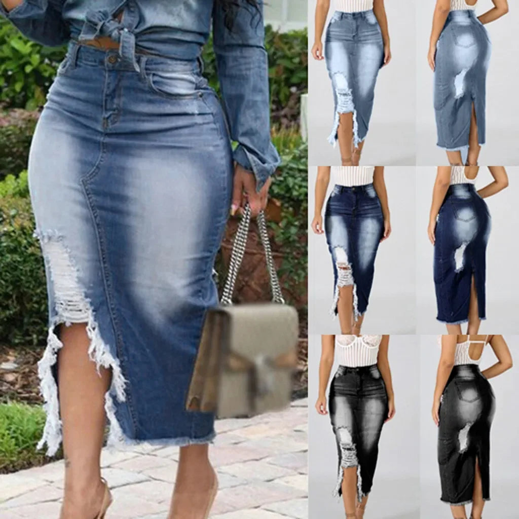 Introducing our Women's High-Waist Ripped Denim Pencil Skirt