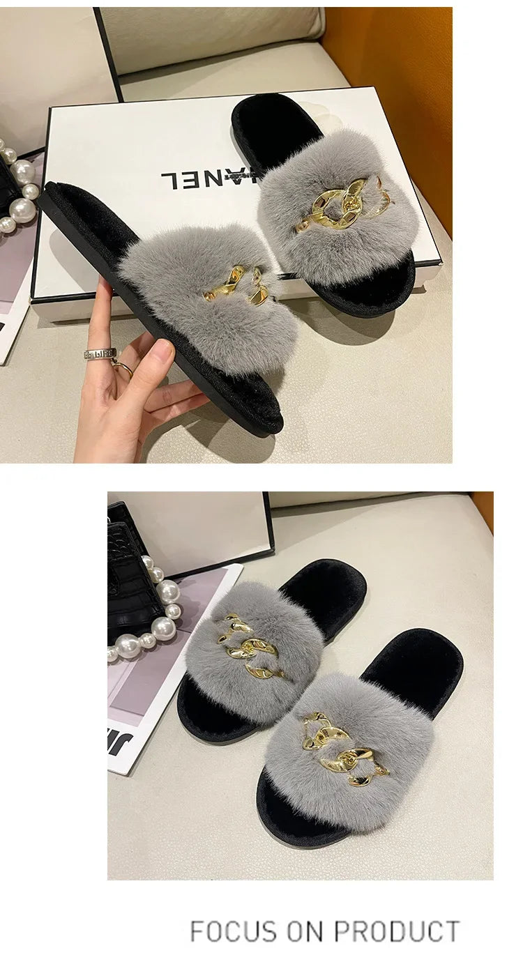 Women's Fluffy Fur Slippers – 2025 Fashion, Chain Design, Open-Toe Winter Indoor Flats, Non-Slip Cozy Home Shoes