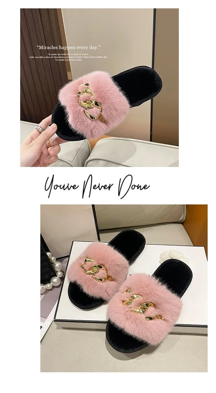 Women's Fluffy Fur Slippers – 2025 Fashion, Chain Design, Open-Toe Winter Indoor Flats, Non-Slip Cozy Home Shoes