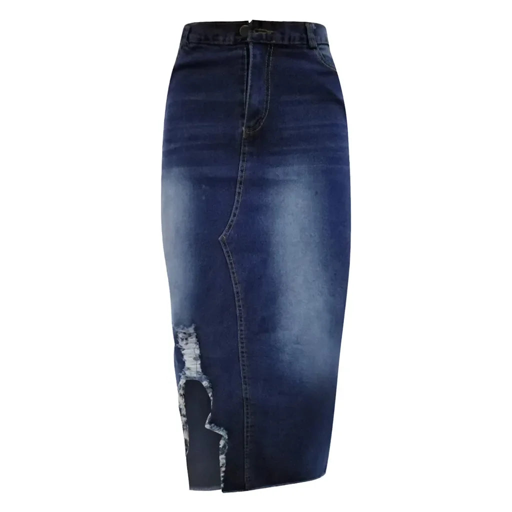 Introducing our Women's High-Waist Ripped Denim Pencil Skirt